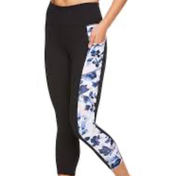 Gaiam The OM Fit Cropped Leggings women’s S in tap shoe black meadow print new - Picture 2 of 16